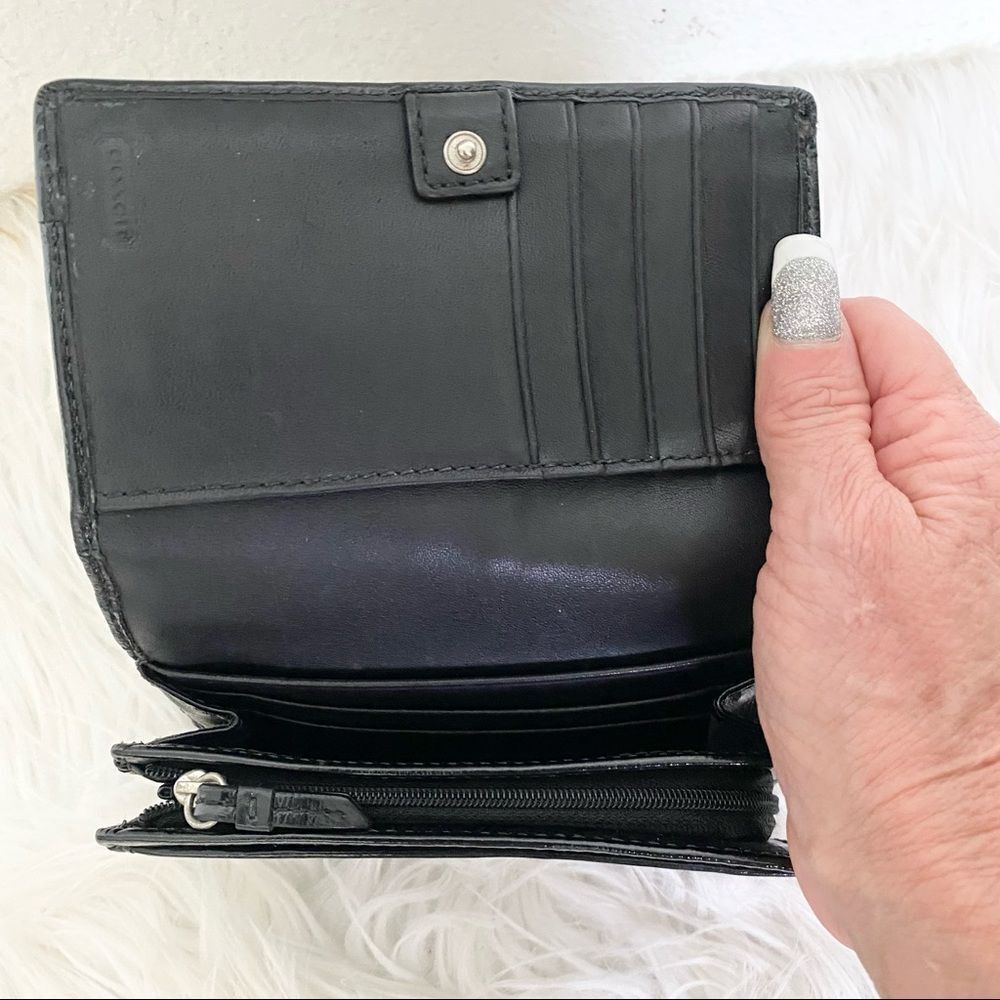 Coach Black Canvas Signature Patent Leather Foldover Wallet - Picture 4 of 9